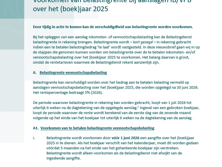 Voorkomen van belastingrente bij aanslagen IB/VPB over het (boek)jaar 2025