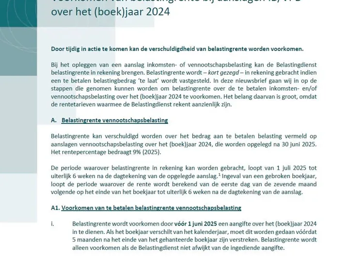 Voorkomen van belastingrente bij aanslagen IB/VPB over het (boek)jaar 2024