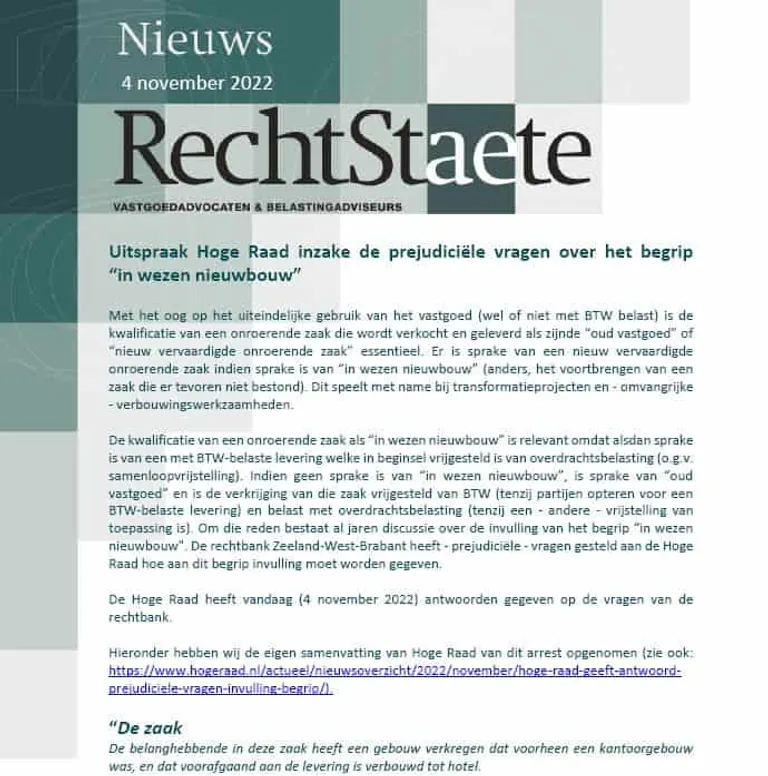 Uitspraak Hoge Raad inzake de prejudiciële vragen over het begrip “in wezen nieuwbouw”
